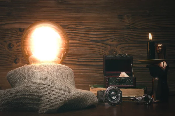 Boule Cristal Sur Bureau Diseur Bonne Aventure Concept Lecture Futur — Photo