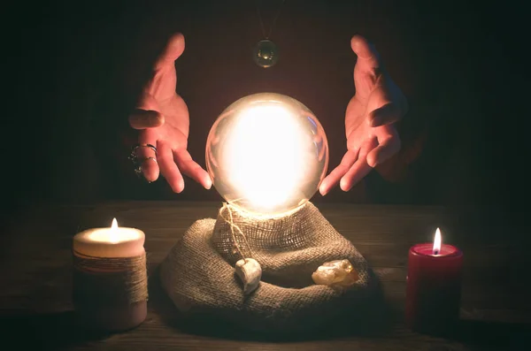 Crystal Ball Fortune Teller Hands Divination Concept Spiritual Seance Future — Stock Photo, Image