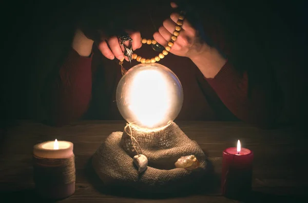 Crystal Ball Fortune Teller Hands Divination Concept Spiritual Seance Future — Stock Photo, Image