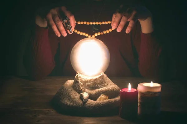 Crystal Ball Fortune Teller Hands Divination Concept Spiritual Seance Future — Stock Photo, Image