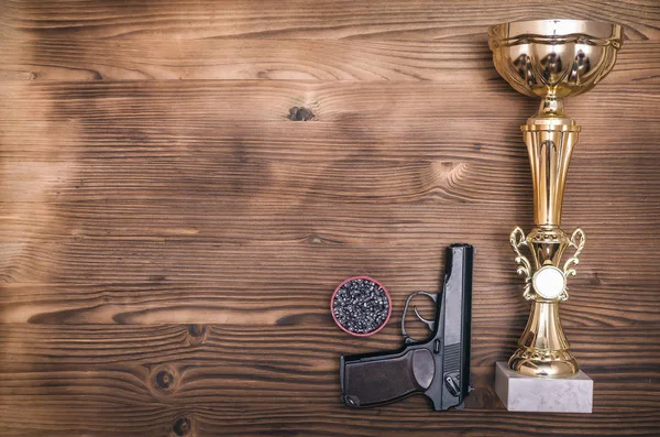 Mejor Tirador Fondo Premio Con Espacio Copia Ganador Tiro Pistola — Foto de Stock