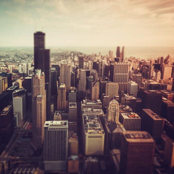 Chicago Downtown- aerial view with desaturated colors. Tilt shift effect