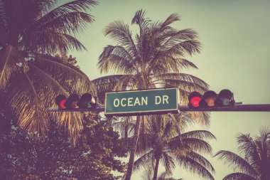 Ocean Drive street sign with palm trees, Miami clipart