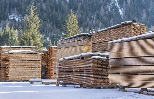 Drying timber boards at the sawmill in winter Alp Mountains — Stock Photo, Image