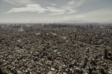 Tokyo caddesinin araba ve binalarla kesiştiği hava manzarası