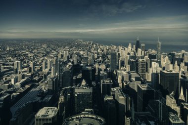 Chicago şehir merkezi gökyüzü manzarası, kış manzarası, yüksek açı manzarası.