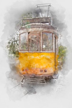 Lizbon, Portekiz, suluboya sarı tramvay