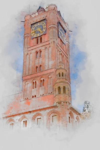 Το παλιό Δημαρχείο, Torun, Πολωνία, Ψηφιακή Υδατογραφία εικονογράφηση — Φωτογραφία Αρχείου