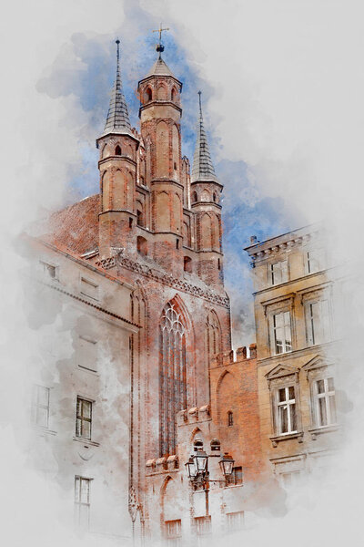 Church, Old Town in Torun, Poland, digital watercolor illustration
