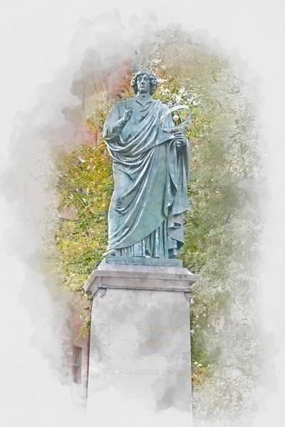 Monumento de Nicolaus Copérnico em Torun, ilustração aquarela digital — Fotografia de Stock