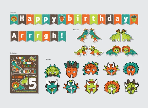 恐龙的生日装饰设置 — 图库矢量图片
