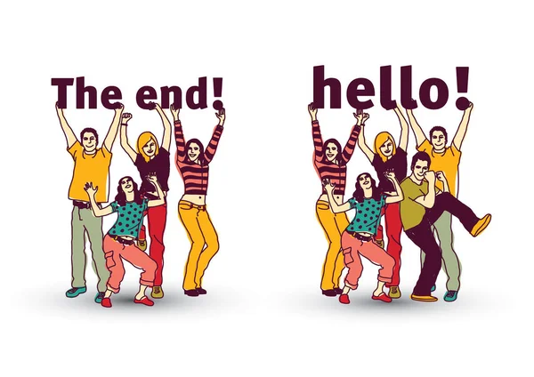 The end and hello sign team group — Stock Vector