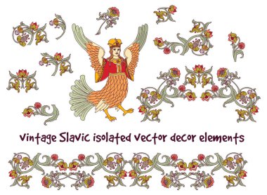 Eski Slav vintage süs kuş desen. Renk vektör çizim