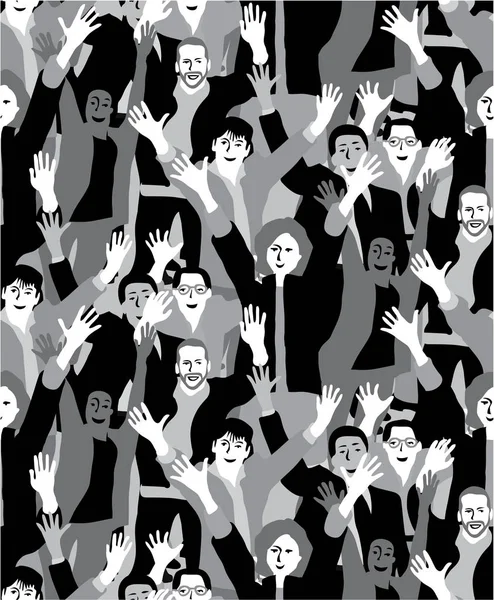 大群衆幸せな人々 黒と白のシームレスなパターン モノクロ イラスト — ストックベクタ