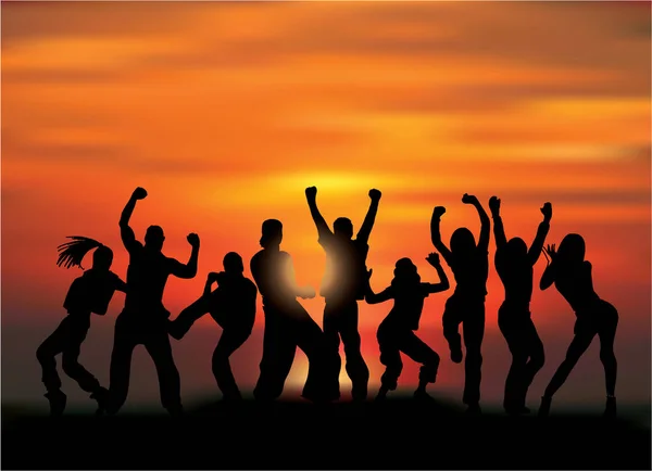 Ομάδα Ευτυχισμένων Ανθρώπων Ενεργό Σιλουέτες Κατά Ηλιοβασίλεμα — Διανυσματικό Αρχείο