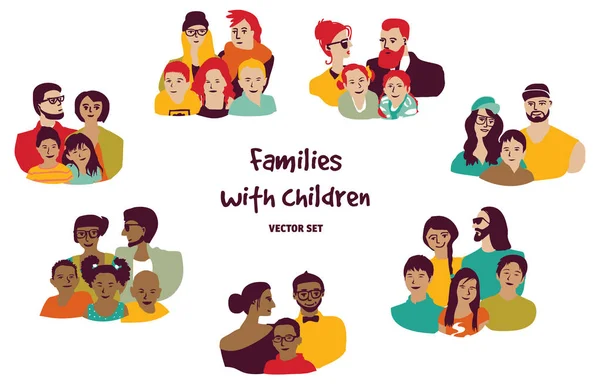 Lyckliga Föräldrar Med Barn Isolerade Grupper Set Färg Vektorillustration — Stock vektor