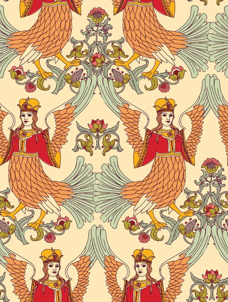 Old Slavic Vintage Ornament Bird Seamless Pattern Color Vector Illustration — Stock Vector