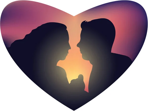 Pareja Romántica Contra Puesta Sol Corazón — Vector de stock