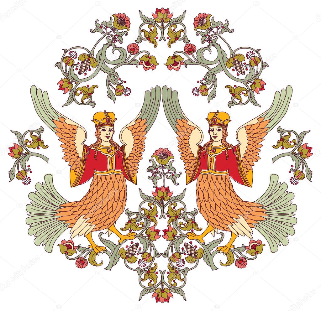 Old Slavic vintage ornament bird seamless pattern. Color vector illustration