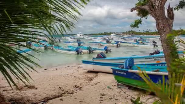 Time Lapse Utsikten Över Bayahibe Stranden Med Rörliga Båtar — Stockvideo