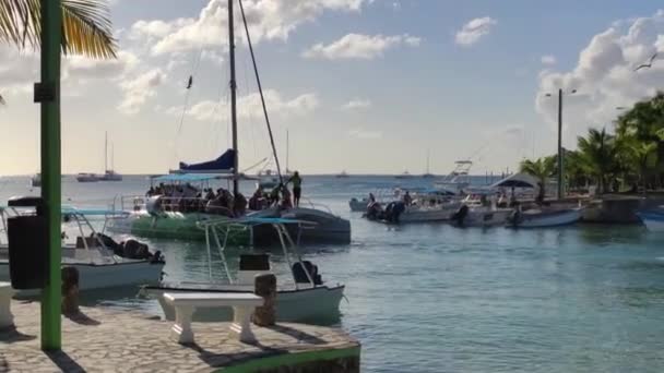 Bayahibe República Dominicana Diciembre 2019 Catamarán Lleno Excursionistas Atracará Puerto — Vídeos de Stock