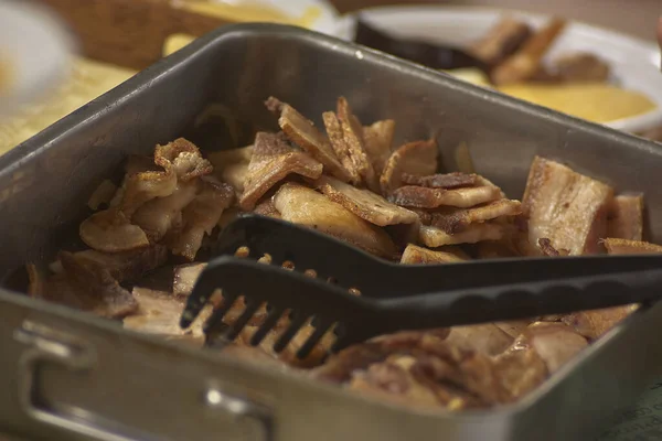 Pote Cheio Pedaços Detalhes Carne Tomadas Com Lente Macro — Fotografia de Stock