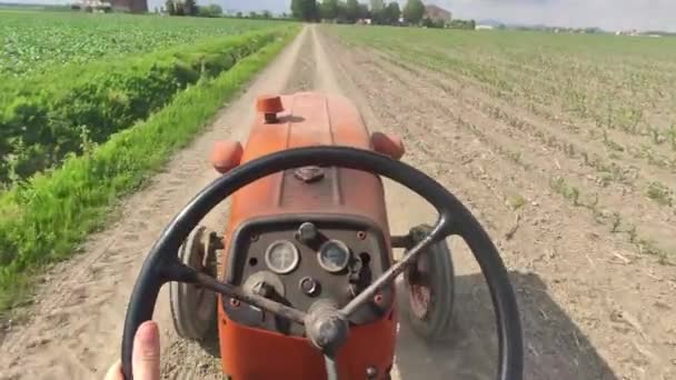 Antiguo tractor en la granja — Vídeos de Stock