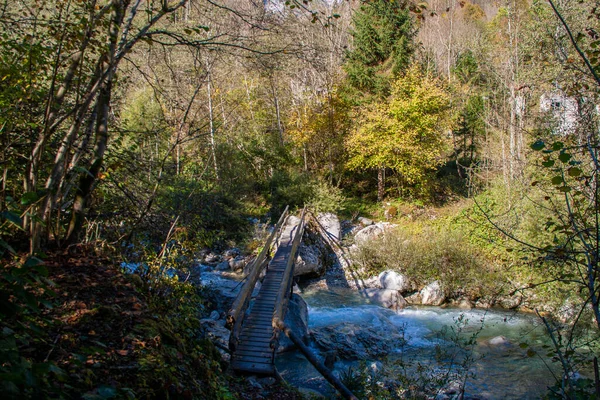 Ponte Sul Torrente Montagna Mezzo Alle Dolomiti Italia — Foto Stock