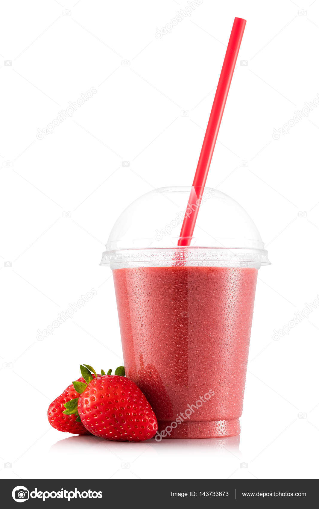 Strawberry milkshake in plastic takeaway cup isolated on white