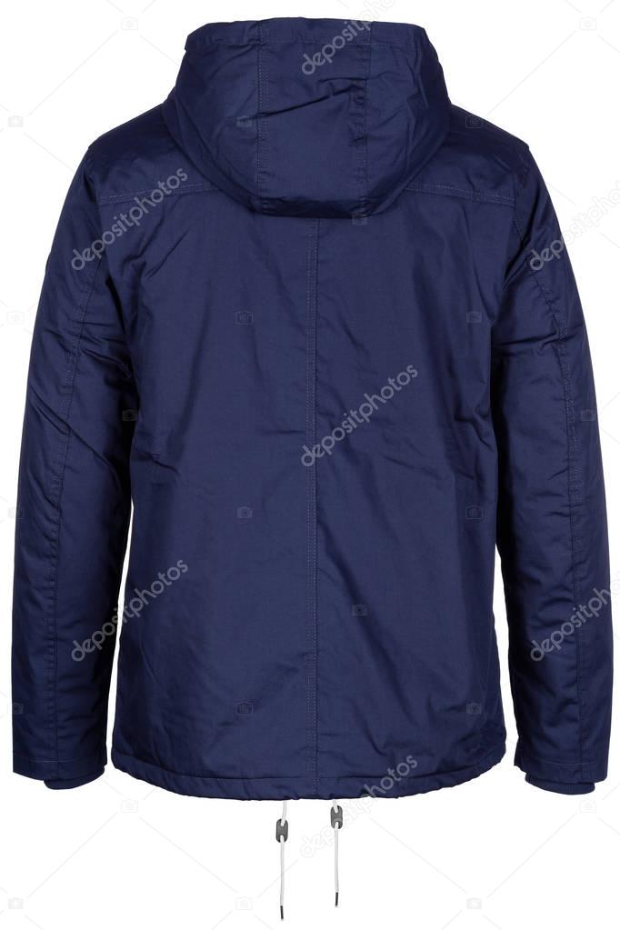 Back of warm dark blue jacket with hood
