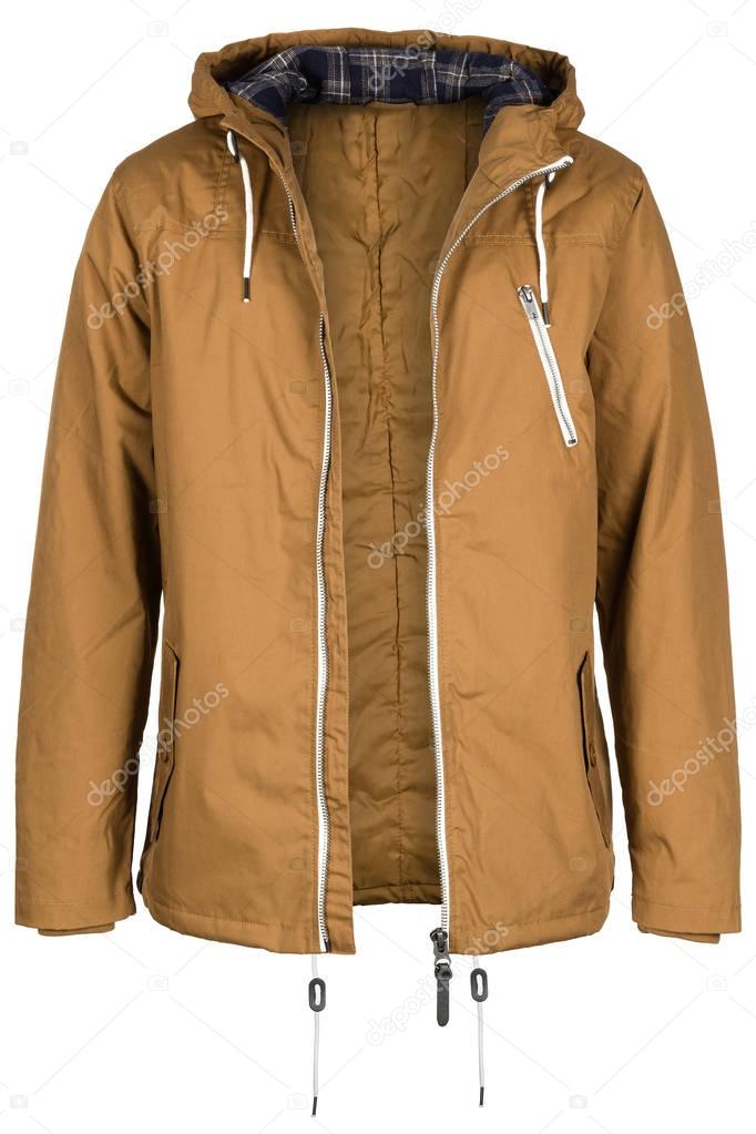 Warm unzipped dark beige jacket with hood