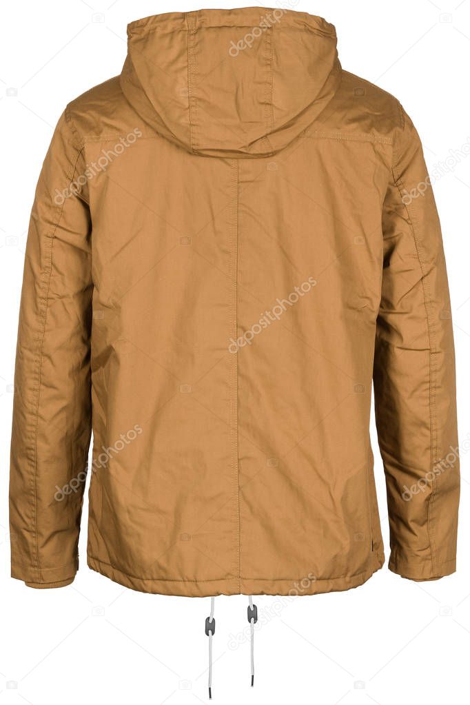 Back of warm dark beige jacket with hood