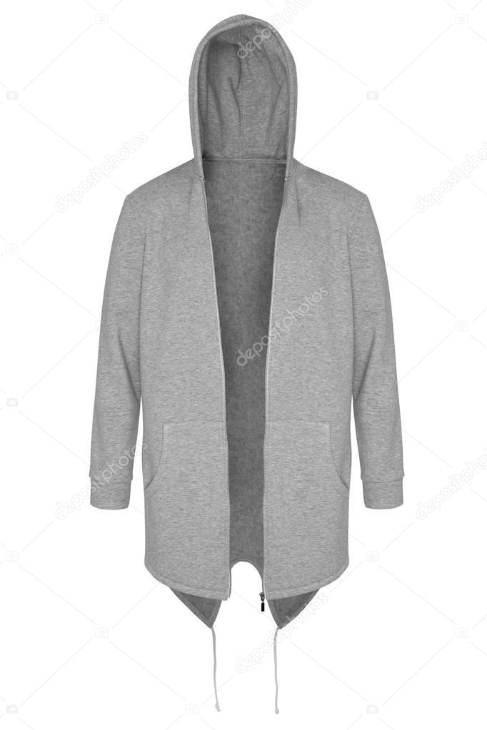 Gray tracksuit unzipped with hood