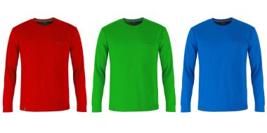 Kırmızı, yeşil ve mavi uzun kollu t-shirtler