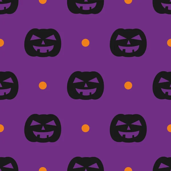 Halloween tile vector pattern with black pumpkin and orange polka dots on violet background — Stock Vector