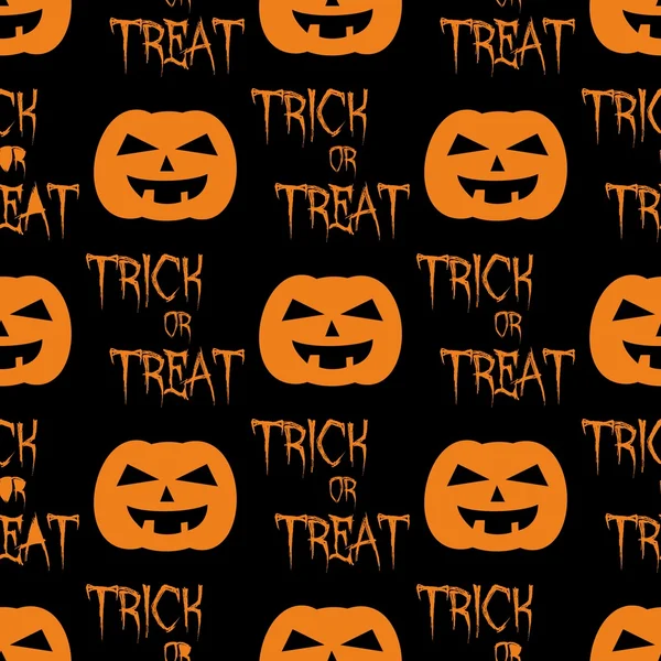Halloween-Vektor-Muster mit orangefarbenem Kürbis und Trick oder Leckerbissen auf schwarzem Hintergrund — Stockvektor