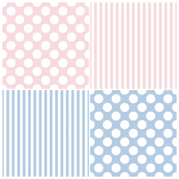Tile vector pattern set with white polka dots and strips on pink and blue background — Stock Vector