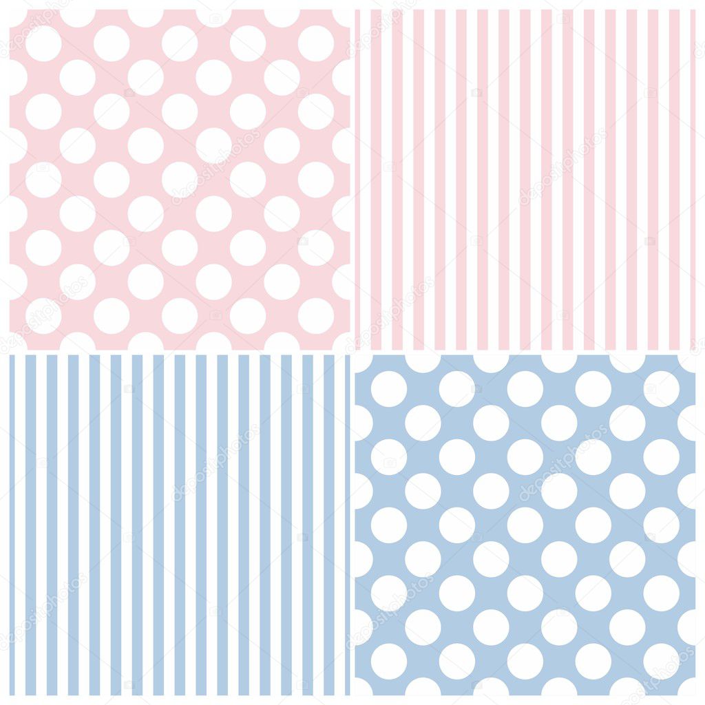 Tile vector pattern set with white polka dots and strips on pink and blue background