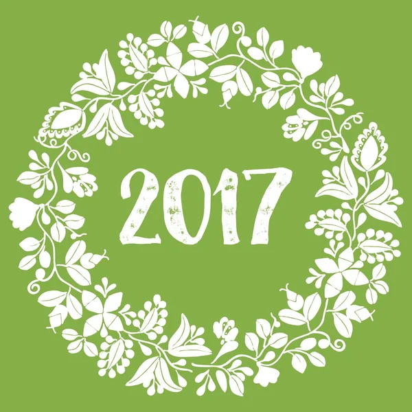 Hello 2017 New Year white vector wreath on green background — Stock Vector