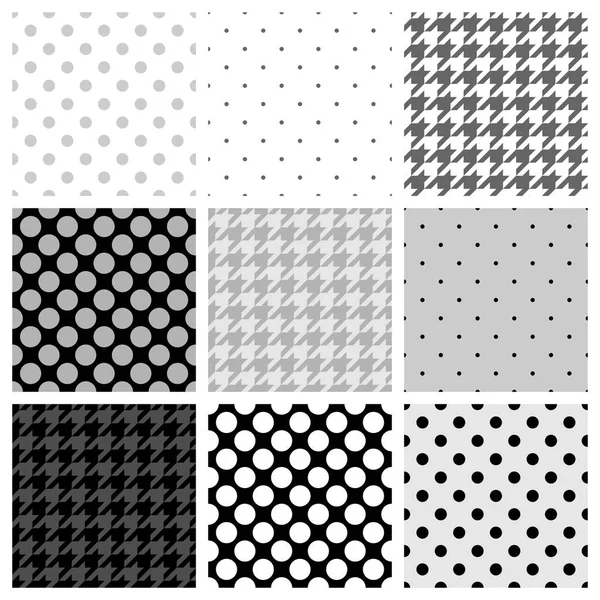 Seamless vector black, white and grey pattern or background set with big and small polka dots and houndstooth tartan. — Stock Vector
