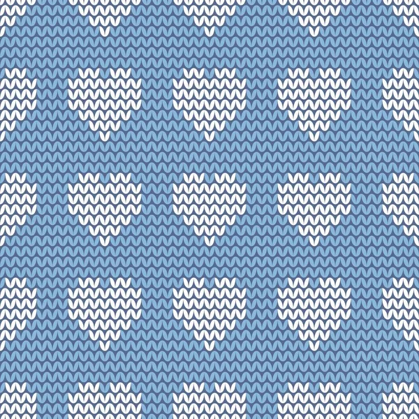 Tile knitting vector pattern with white hearts on blue background — Stock Vector
