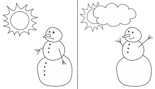 Beyaz arka plan üzerinde çocuklar için boyama kitabı izole mutlu ve hüzünlü kardan adam vektör çizimler — Stok Vektör