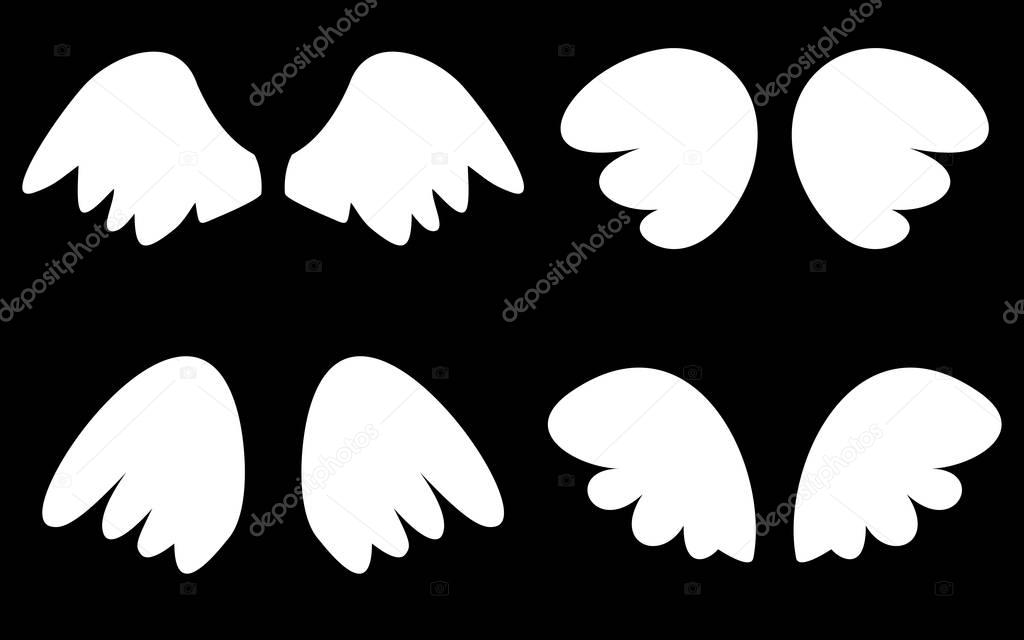 Vector illustration set with white angel or bird wing icon isolated on black background