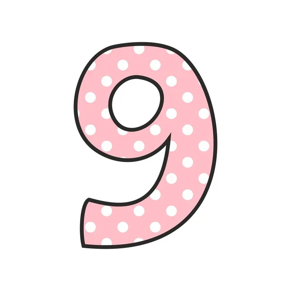 Numero 9 con pois bianchi su rosa, illustrazione vettoriale isolata su sfondo bianco — Vettoriale Stock