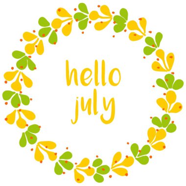 Merhaba Temmuz vektör çelenk sarı ve beyaz zemin üzerine yeşil metin izole