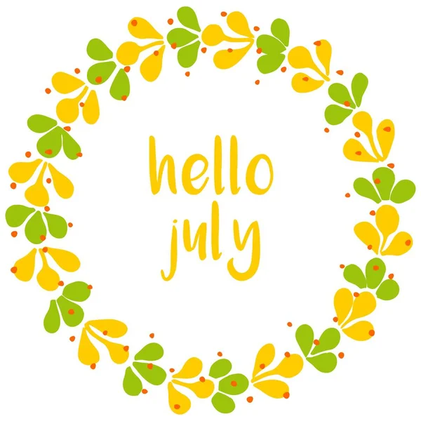 Merhaba Temmuz vektör çelenk sarı ve beyaz zemin üzerine yeşil metin izole