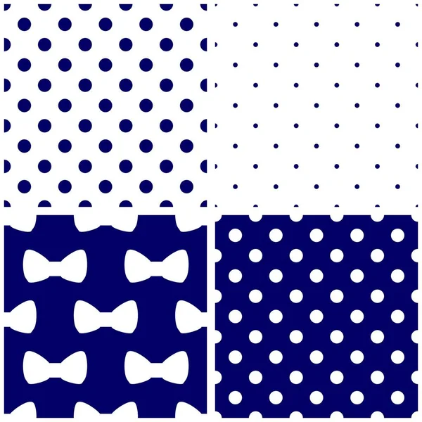 Tile dark blue and white vector pattern set with polka dots and bows. — Stock Vector