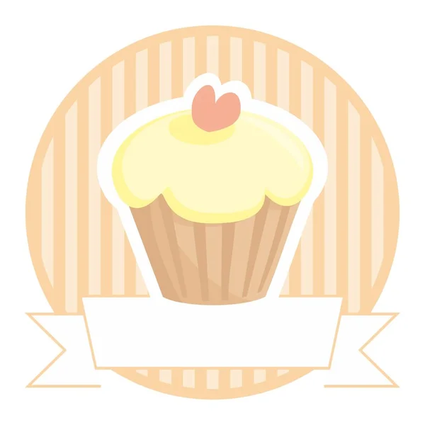 Vector cupcake con un corazón rosa sobre fondo de rayas — Vector de stock