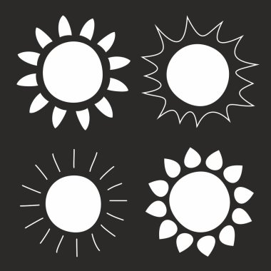 Siyah arka plan üzerine izole el çekilmiş güneş vektör kümesi