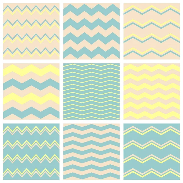 Tile vector pattern set with white, pastel blue or mint green and yellow zig zag print background — Stock Vector